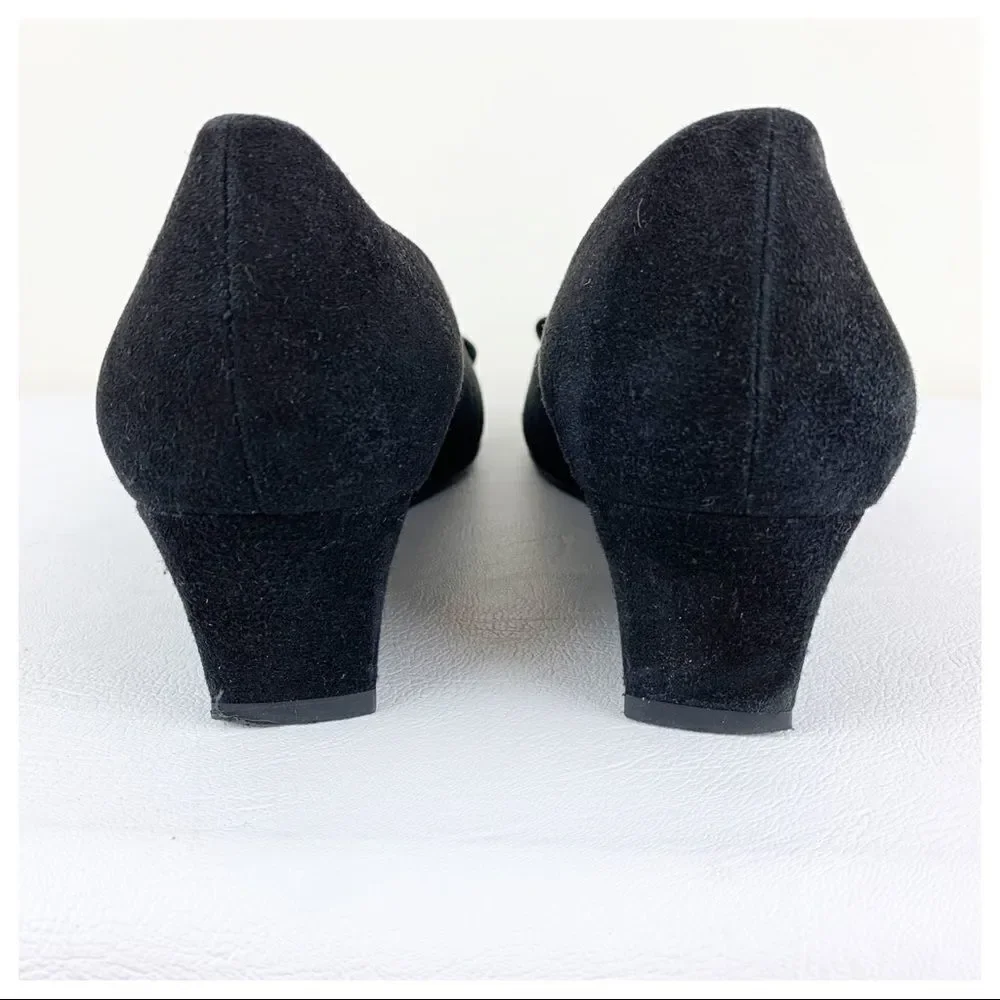 Stuart‎ Weitzman Caring Black Suede Low Wedge Silver Ring Accent 8.5